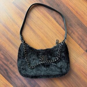 Steve Madden Faux Fur Shoulder Bag Black Chain Accent SM Logo